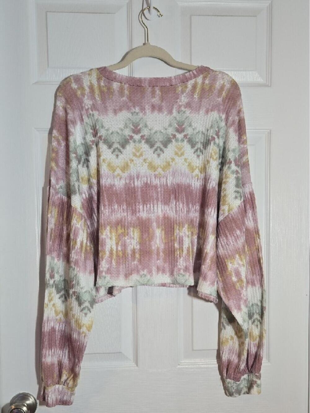 Peach Love California Pink Multicolor Tie-Dye Waffle Knit Top Size Medium - Picture 6 of 6